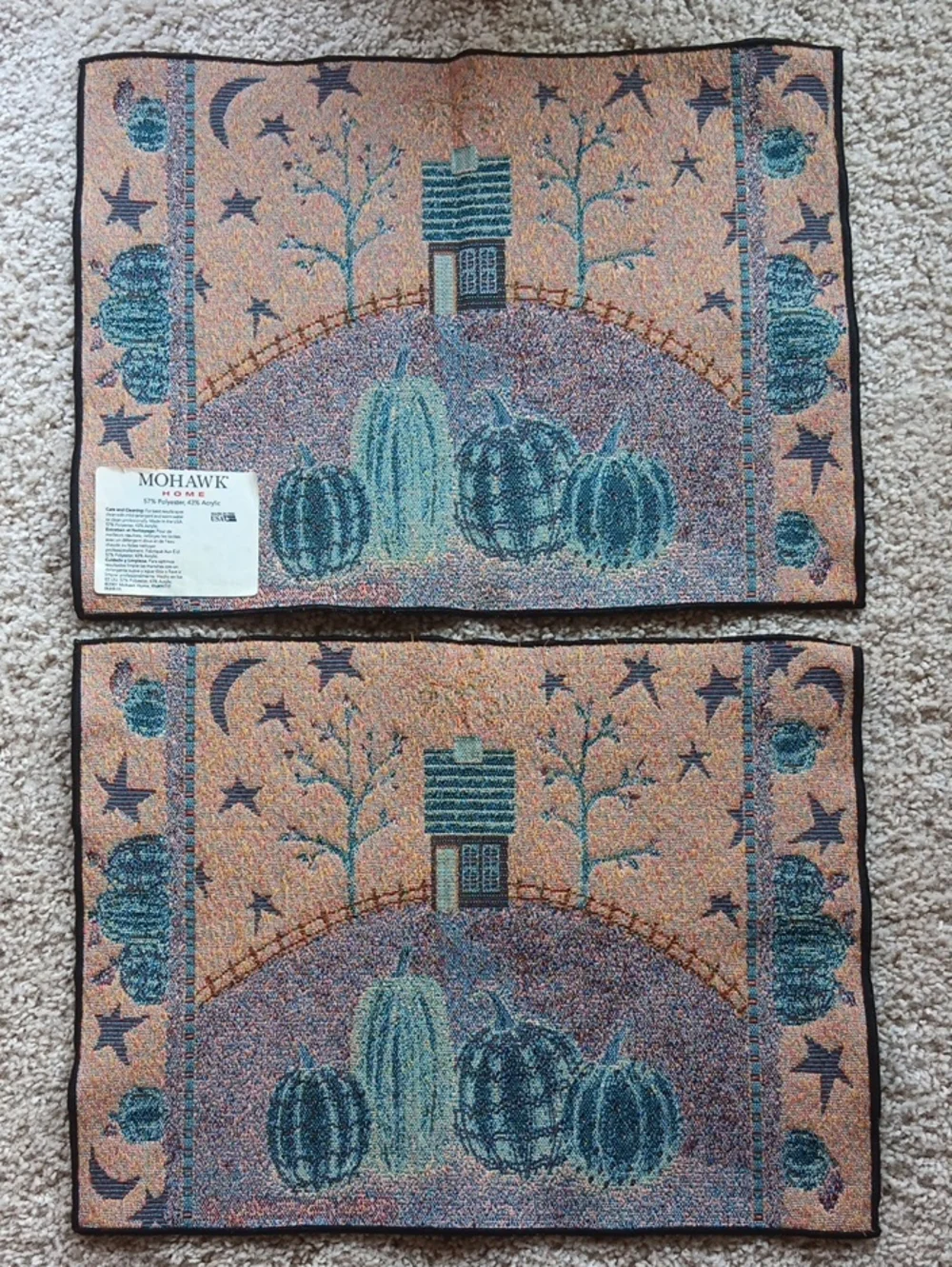 Set Of 2 Folk Art Fall Pumpkin Tapestry Placemats By Robin Betterly. USA Made